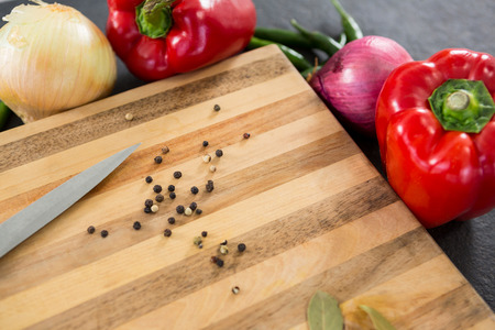 Close-up of wooden board and ingredientsの写真素材
