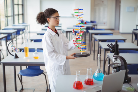 Attentive schoolgirl experimenting molecule model in laboratory at schoolの写真素材