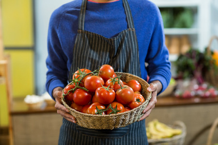 Mid section of vendor holding a basket of tomatoesの写真素材