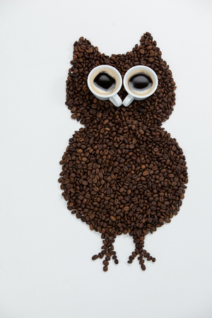 Coffee beans and cups forming owl on white backgroundの写真素材