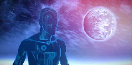 Technology interface against aurora night sky in blueの写真素材