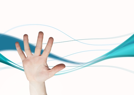 Digital composite of open hand against blue curves