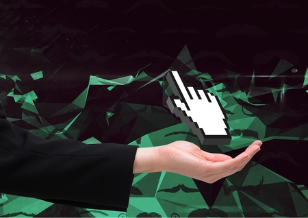 Digital composite of open hand against hand icon and graphic dark backgroundの写真素材