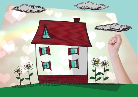 Digital composite of fist up with house drawing against blue backgroundの写真素材