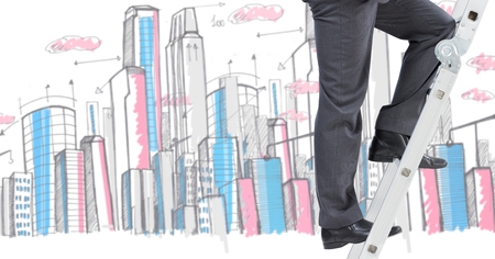Digital composite of Businessman on a Ladder against a city backgroundの写真素材