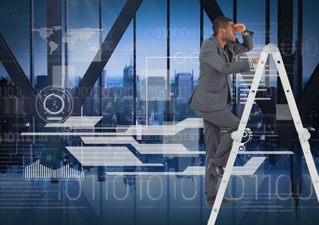 Digital composite of Businessman on a Ladder looking at the future against a city backgroundの写真素材