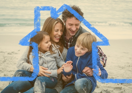 Digital composite image of happy family enjoying on beach above outline houseの写真素材