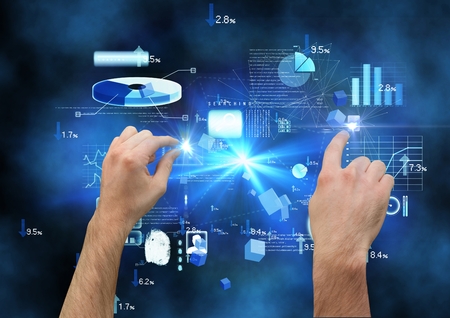 Digital composite of hand touching graph chart on interface screen