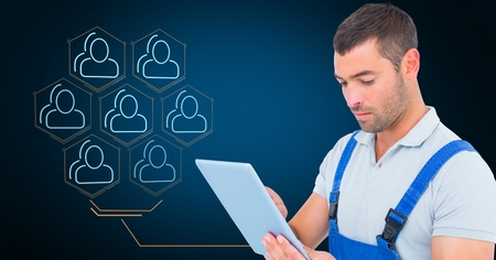 Digital composite image of repairman using digital tablet against interface design in background