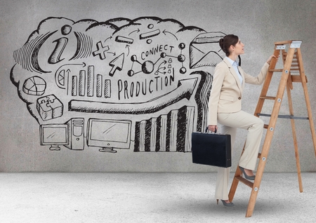 Digital composition of a businesswoman holding briefcase climbing on ladder and graphics on wall in backgroundの写真素材