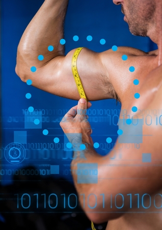 Digital composition of a fit man measuring biceps with measuring tape and fitness interface