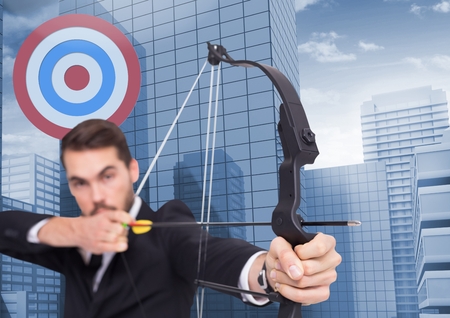 Digital composition of businessman aiming at target with bow and arrow against cityscape
