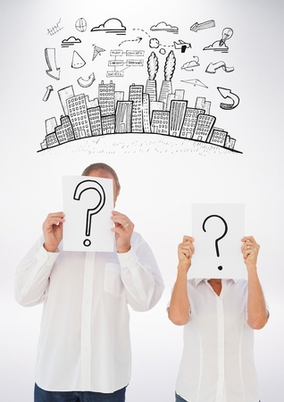 Digital composite image of couple covering their face with placard with tourism conceptの写真素材