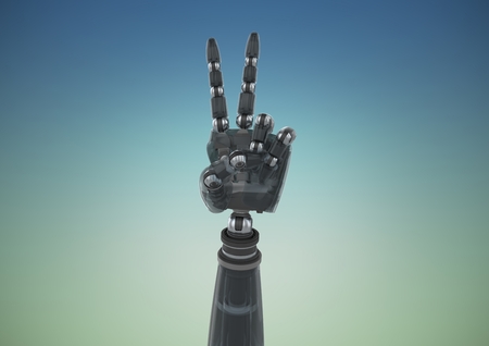 Robot peace sign against blue green backgroundの写真素材