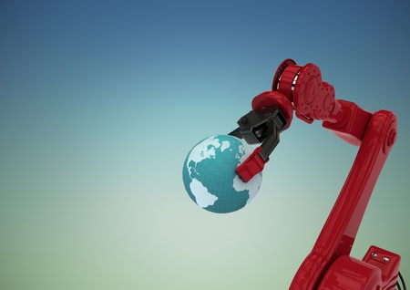 Digitally generated of crane holding globe against clear skyの写真素材