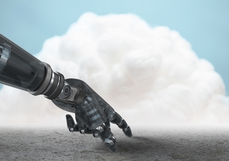 Digital composition of robot hand pointing to ground with cloud in backgroundの写真素材