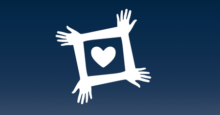 Digitally generated image of volunteer hands with white heart against blue backgroundの写真素材