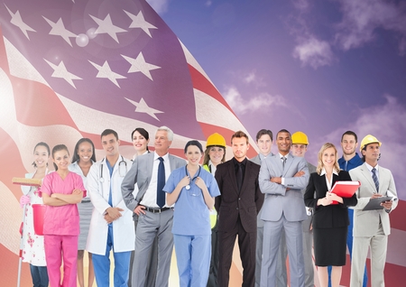 Digital composition of group of businesspeople standing together against american flag and cloudy sky in backgroundの写真素材