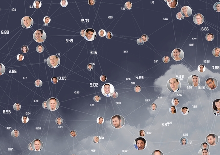 Conceptual image of connecting icons with various human faces and cloud