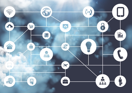 Digitally generated of connecting icons on clouds