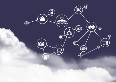 Digitally generated of connecting icons on clouds