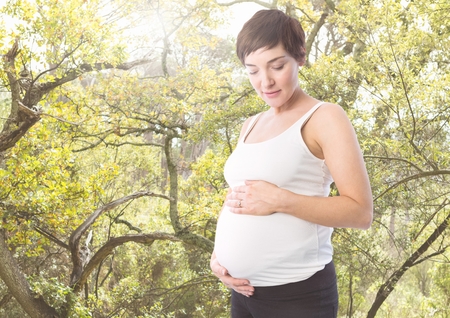Digital composition of pregnant woman standing against Greeneryの写真素材