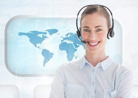 Digital composition of confident woman in headset standing against world map