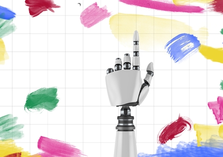 Digital composition of robot hand with color strokes on paperの写真素材