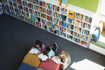 Overhead view of attentive students studying in library at school