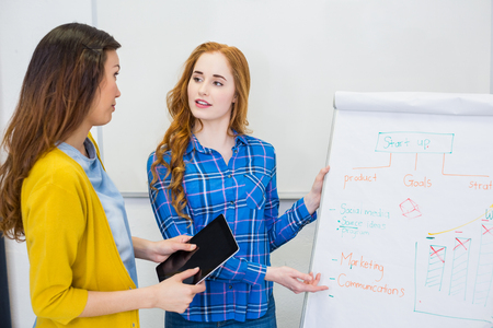 Colleagues discussing over flip chart board in conference room at officeの写真素材