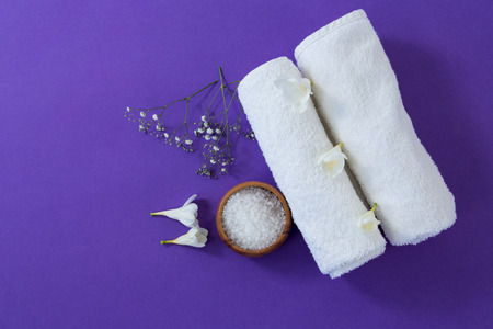 Set of spa accessories on purple backgroundの写真素材