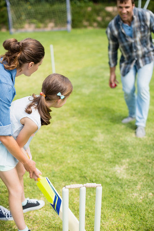 Family playing cricket in park on a sunny dayの写真素材