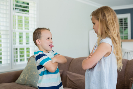 Brother teasing his sister while standing with arms crossed in living room at homeの写真素材