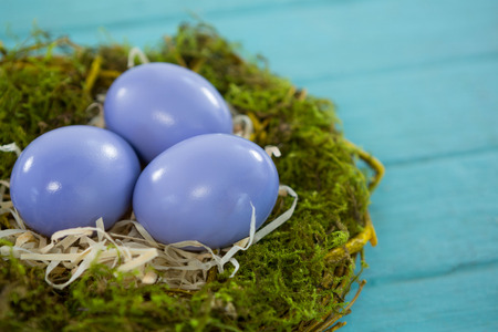 Close-up of violet Easter eggs in the nest on wooden backgroundの写真素材