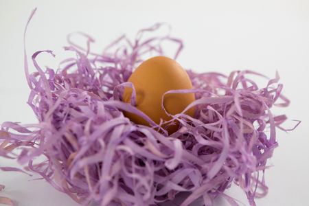 Close-up of brown Easter eggs in the paper nest on white backgroundの写真素材