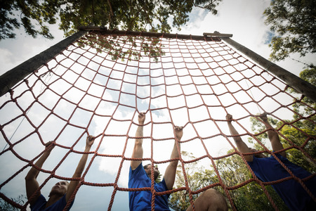 People climbing a net during obstacle course in boot campの写真素材