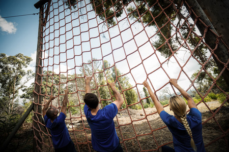 People climbing a net during obstacle course in boot campの写真素材