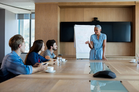Woman giving presentation to her colleagues in conference room at office