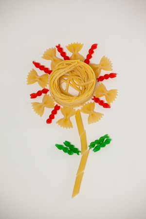 Varieties of pasta making a flower on white backgroundの写真素材