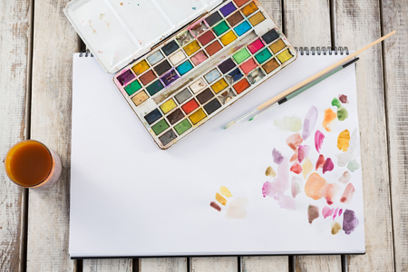 Various drawing equipments on wooden surfaceの写真素材