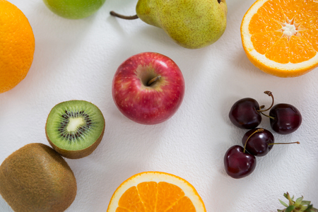 Close-up of various types of fruits on white backgroundの写真素材