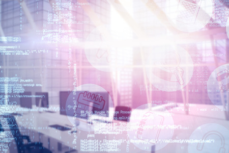 Digitally composite image of technological interface against interior of empty office 3dの写真素材