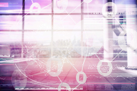 Digitally composite image of technological interface against interior of empty office 3d