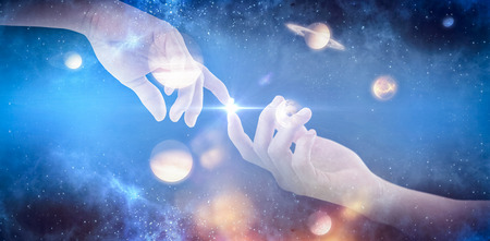 Hand of man pretending to hold an invisible object against composite image of planets over sun 3d