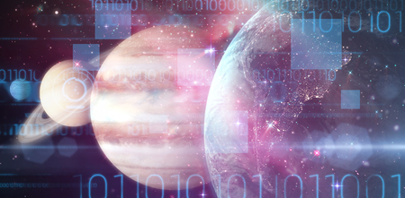 Graphic image of solar system against image of earth