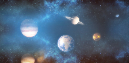 Digital composite image of planets over sun against white background 3d