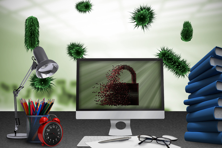 Composite image of black lock against computers in office 3dの写真素材