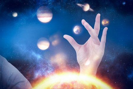 Hand gesturing against white background against composite image of planets over sun 3d