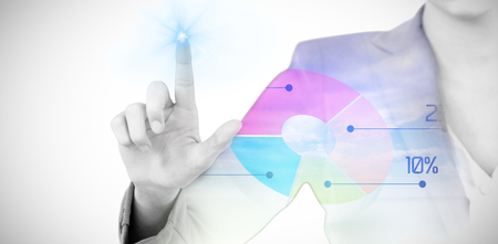 Businesswoman using invisible digital screen against grey background 3dの写真素材