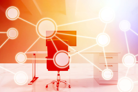 Connected circles against white background against empty office with desk and computer 3dの写真素材